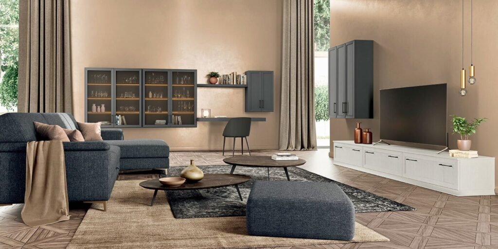 Zona living moderna con dettagli d’arredo sofisticati.