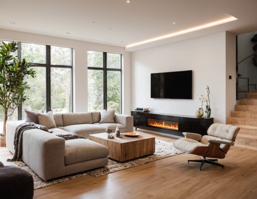 Progetto di zona living moderna con mobili essenziali e funzionali.