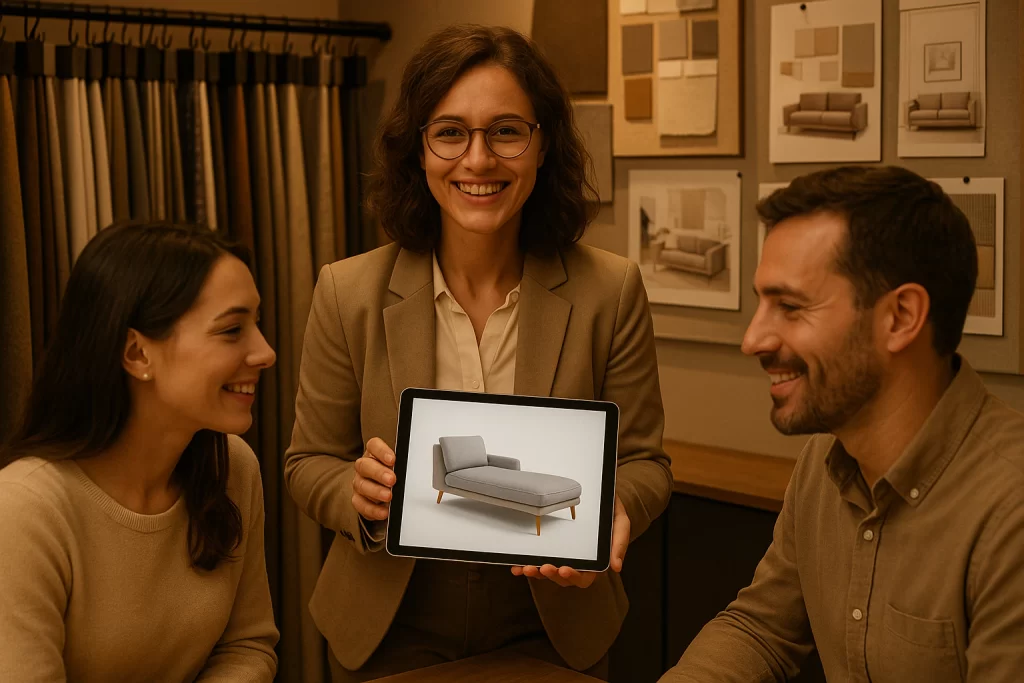 Arredatore presenta un progetto personalizzato di chaise-longue a una coppia in showroom