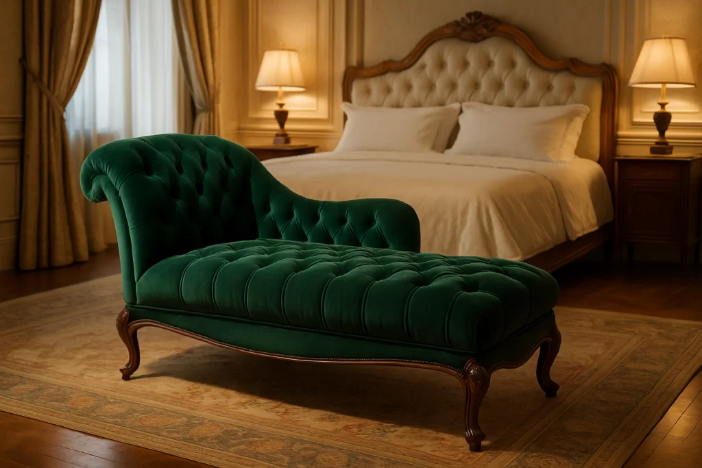 Chaise-longue classica in velluto verde in camera padronale elegante e raffinata