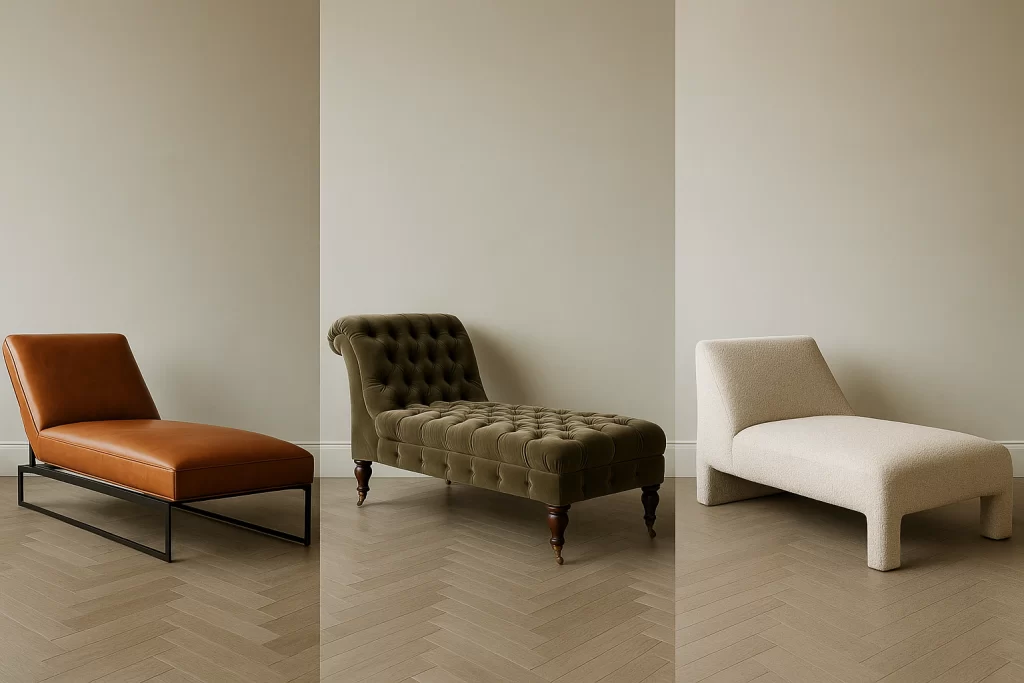 Confronto tra chaise-longue moderna, classica e su misura in un ambiente neutro