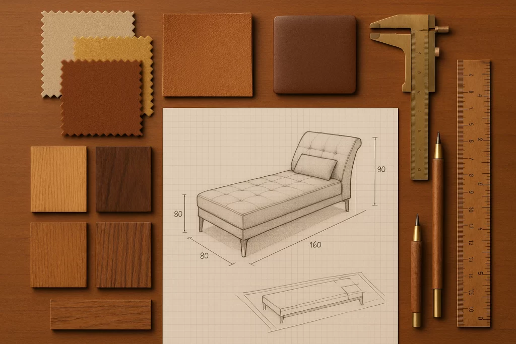 Tavolo da lavoro con materiali, misure e finiture per progettare una chaise-longue su misura