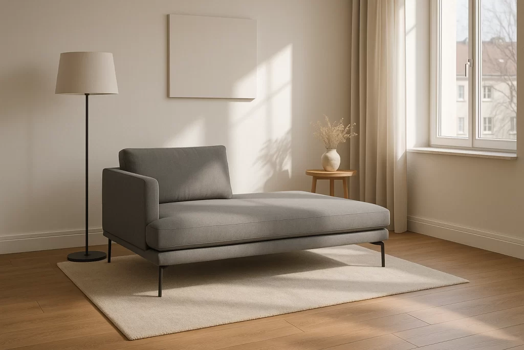 chaise-loungue moderna grigia ambientata in un ambiente neutro e caldo