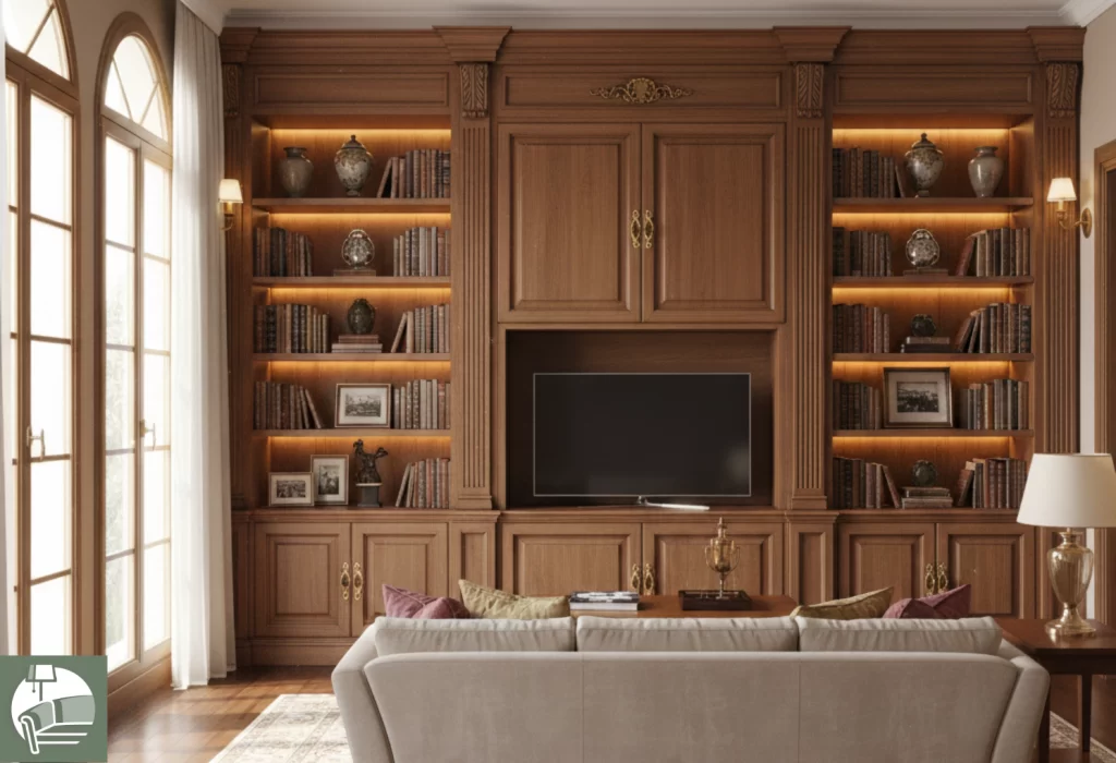 Elegante parete attrezzata classica in legno noce per soggiorno tradizionale