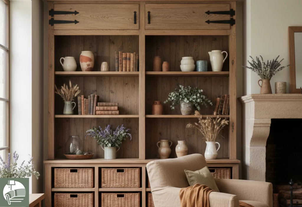 Parete attrezzata country chic in legno invecchiato per soggiorno rustico elegante