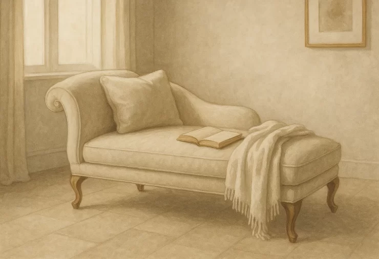 Chaise-longue classica in tessuto chiaro in soggiorno elegante europeo