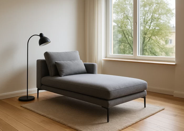 Chaise-longue moderna grigia posizionata in un soggiorno luminoso con tappeto e luce naturale
